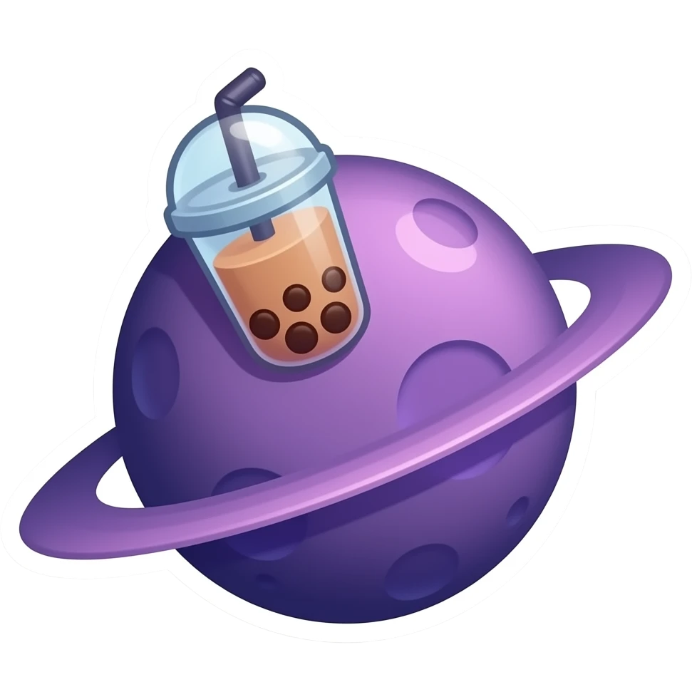 “Minimal emoji sticker of a bubble tea rover on a candy planet, dark mood, rose & lilac glow palette, whimsical + playful vibe, clean outline, transparent background, high-res.” emoji