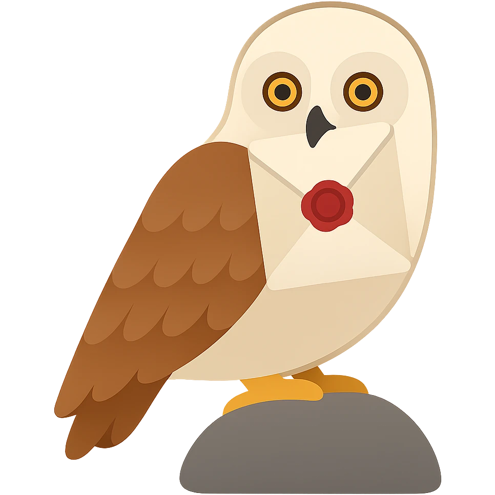 Depict the same owl holding a letter from Hogwarts in its beak, without outlines, with clear shadows and highlights, in a color filled icon style. emoji