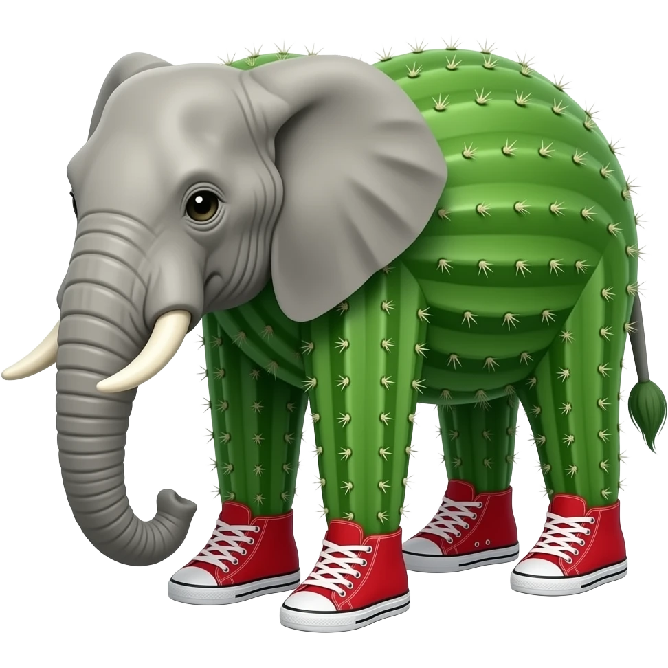 An elephant but it's main body should be a cactus and it should have a normal grey head and normal grey legs but its feet should have shoes on emoji