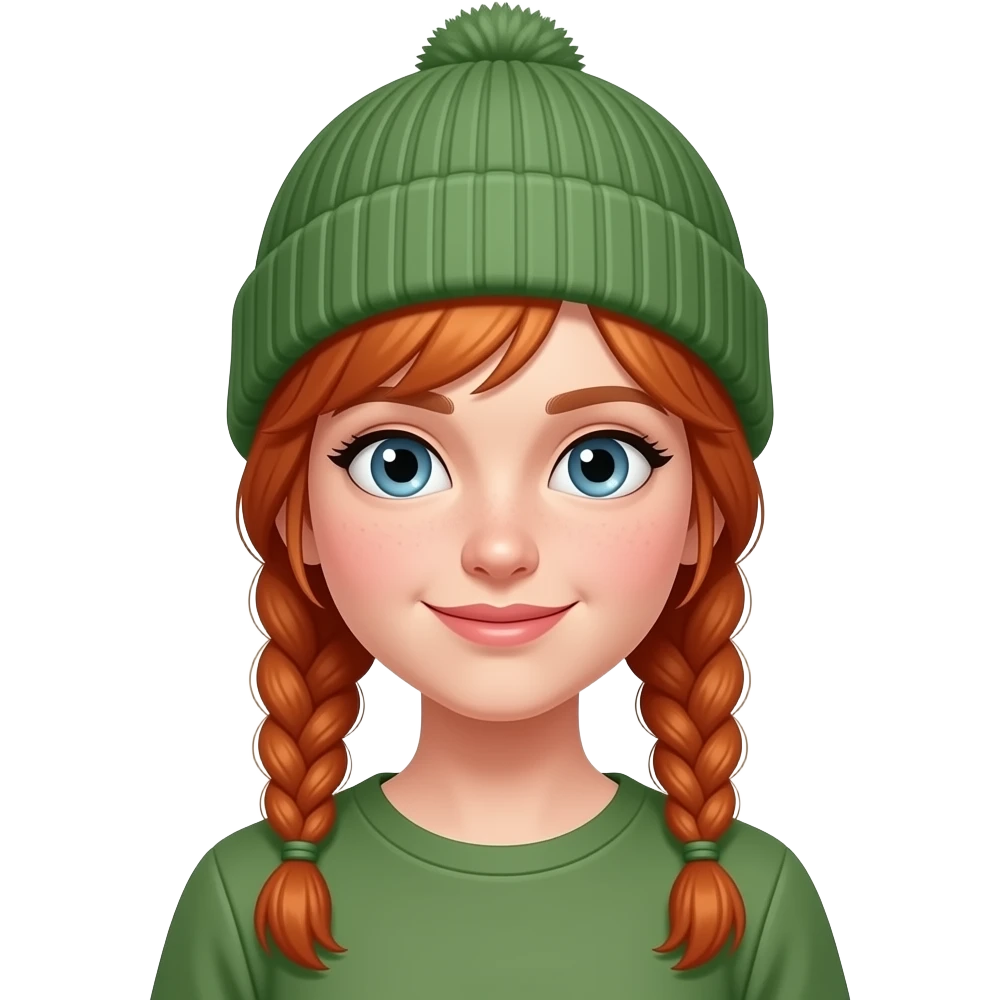 red haired braided girl with green beanie emoji