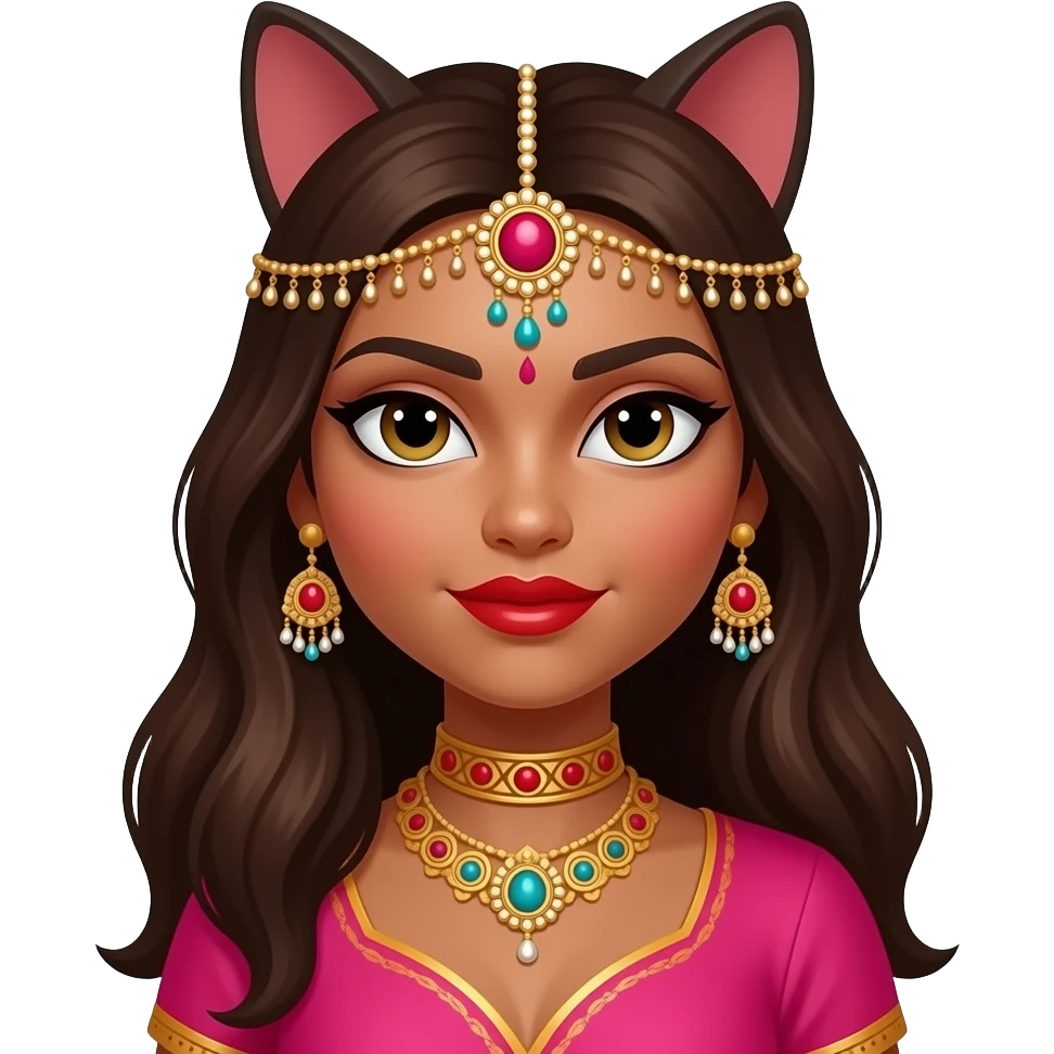 With cat slim eyes an Indian baddie wearing hot pink with long brown hair VERY dark skin with a red lip and an indian thing on her head emoji