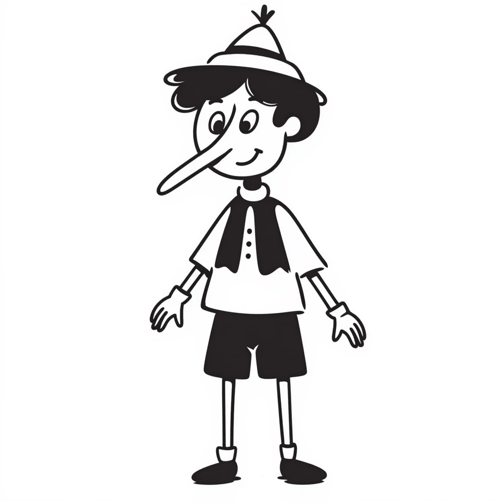 Hand-drawn Pinocchio puppet with a very long nose, wearing blue clothing and pointed hat emoji