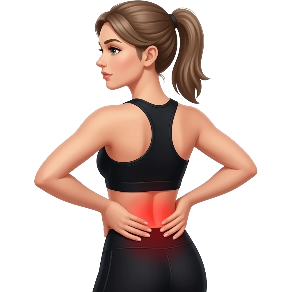 back pain, red glow on lower back, fair-skinned woma, ash brown brows, ash light brown hair tied back, slim athletic body, black workout set emoji