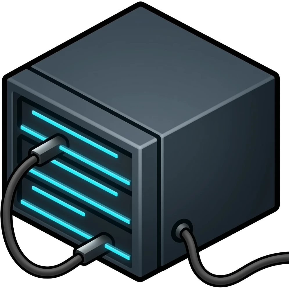 Flat emoji of a simple dark server tower with a few bright blue light strips and one cable, thick outline, minimal detail, transparent background, square, no text. emoji