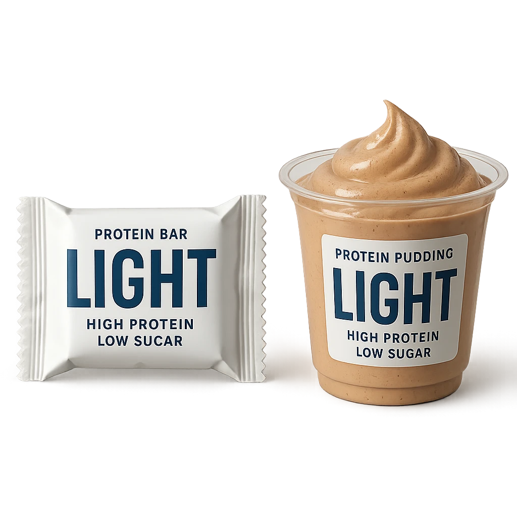 BARRETTA PROTEICA CON LA SCRITTA "LIGHT" SULL'ETICHETTA E BUDINO PROTEICO CON LA SCRITTA "LIGHT" SULL'ETICHETTA, IPERREALISTICA 4K emoji