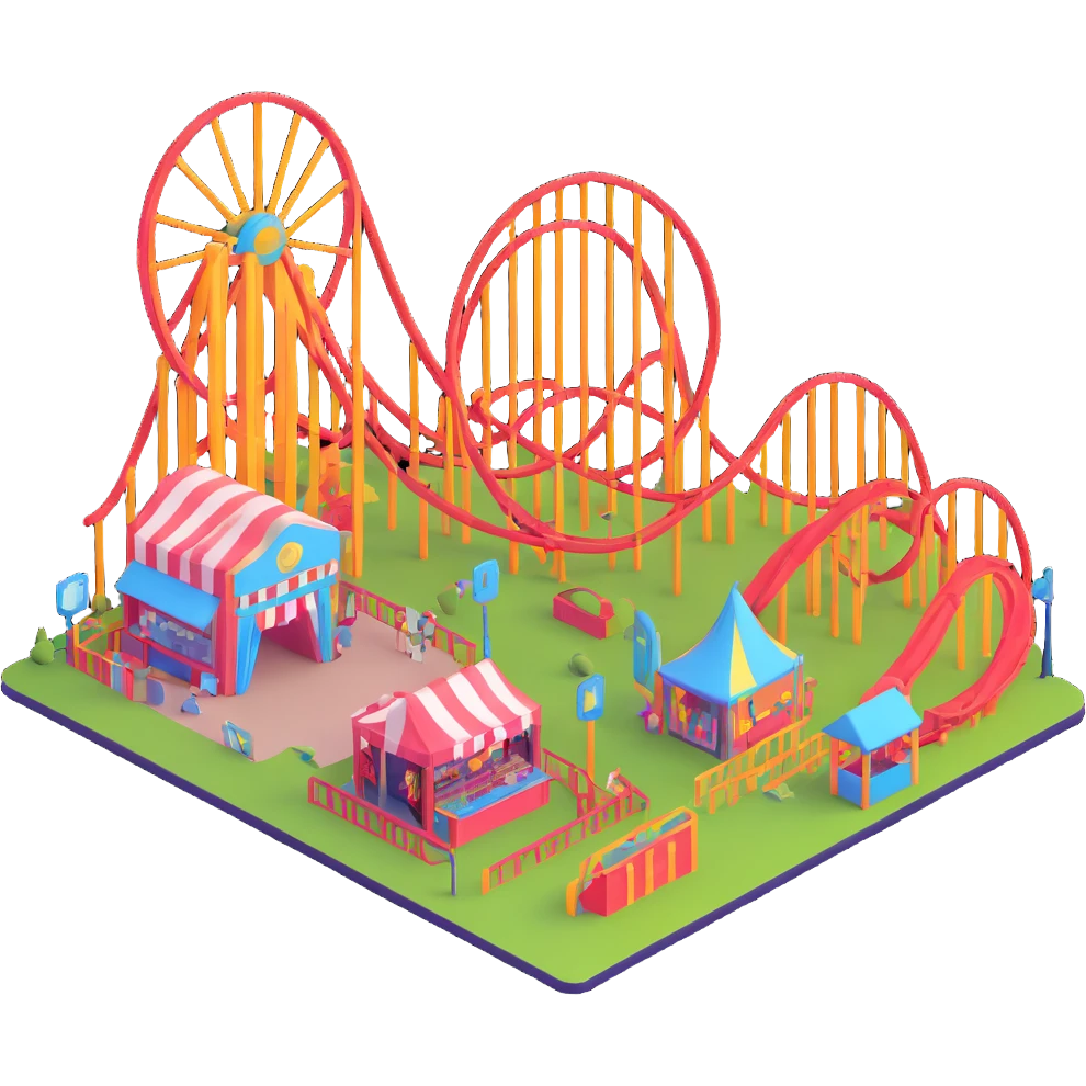 A 3D festival environment with interactive booths, games, and a roller coaster emoji