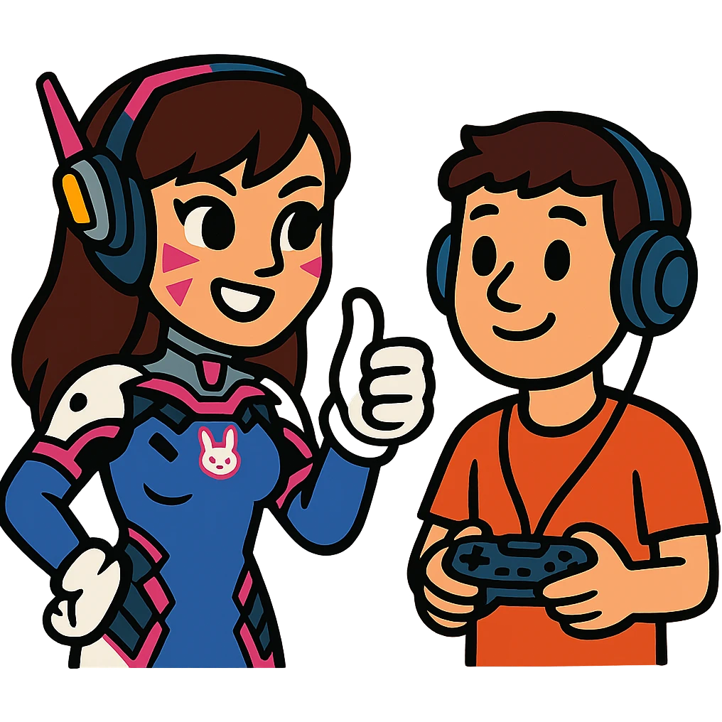 a cute Overwatch character like D.Va giving a thumbs-up to a casual player emoji