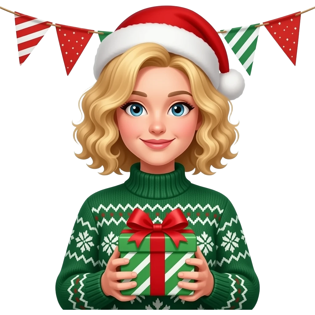 blonde tight curly hair in a short bob Merry Christmas holding a present and with a banner behind saying merry christmas  hat in a christmas sweater emoji