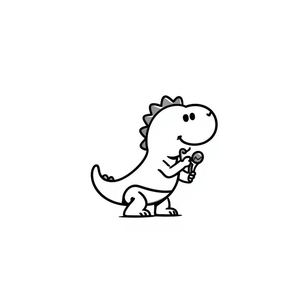 A hand-drawn baby T-Rex toy with a diaper and tiny arms holding a rattle emoji