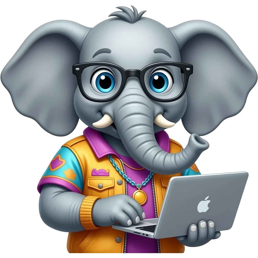 Elephant using laptop and nerd glass with funky clothes closeup emoji
