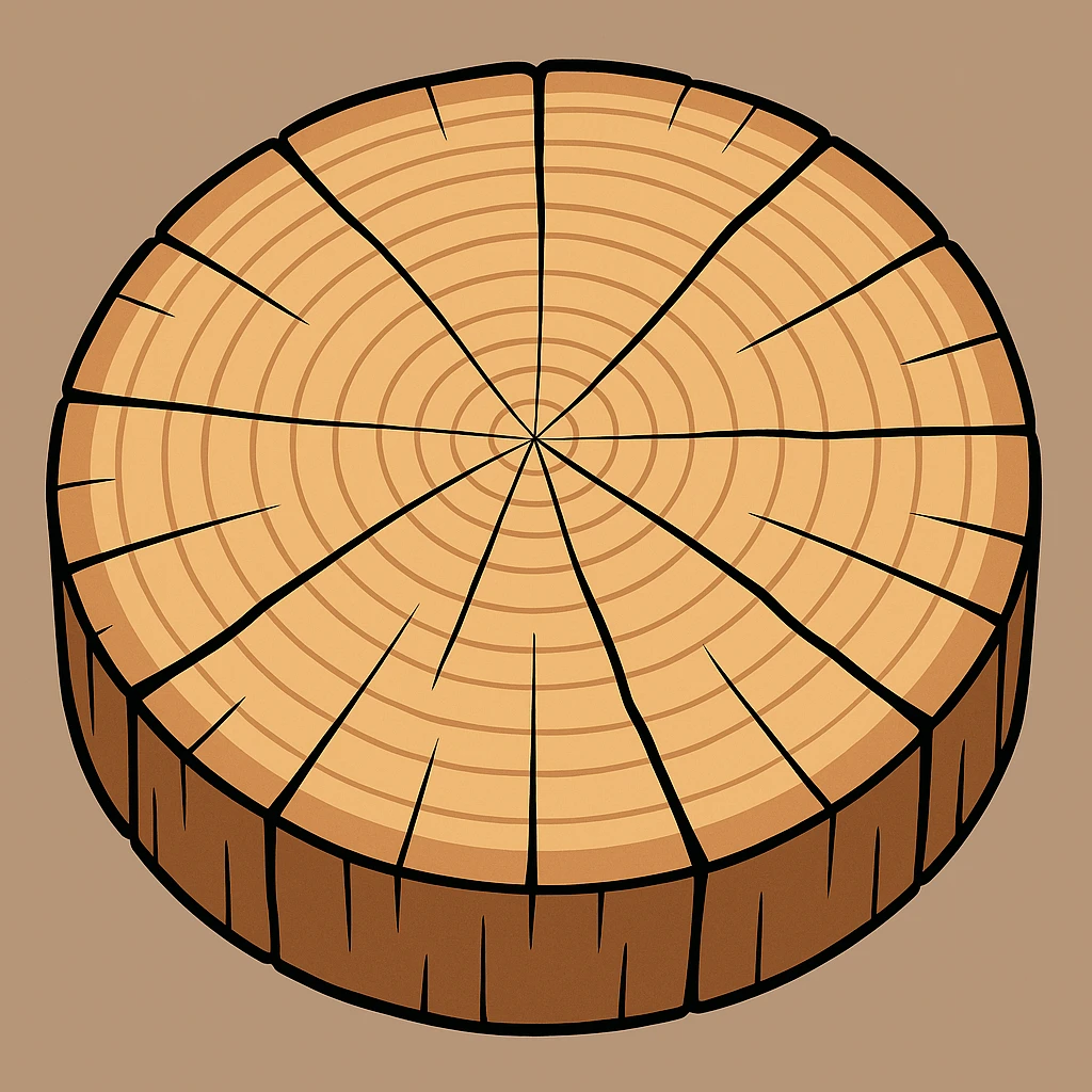 Create a top view of this tree stump in the same cartoon style as the fourth image, with the same wood pattern and color. Variant 4. emoji