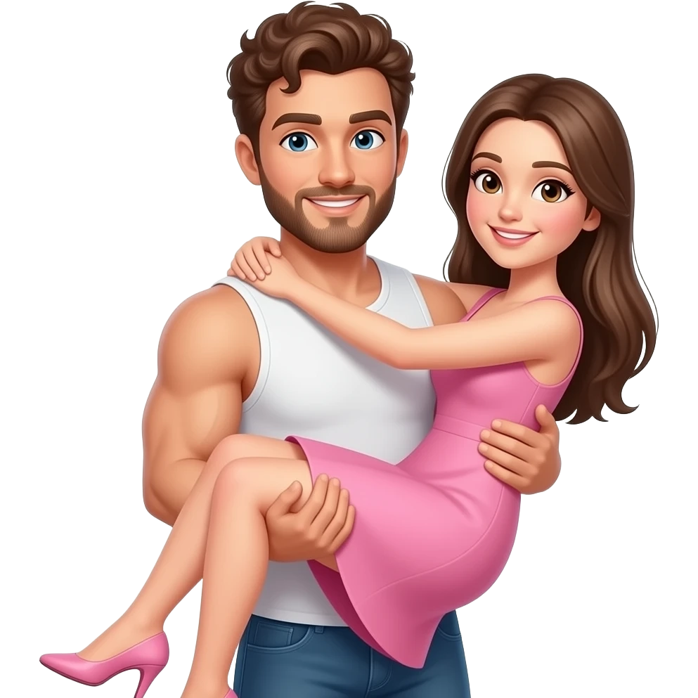 Realistic white skin brown short curly hair with beard muscular man carrying white skin long straight brown hair girlfriend wearing aesthetic pink dress HD emoji