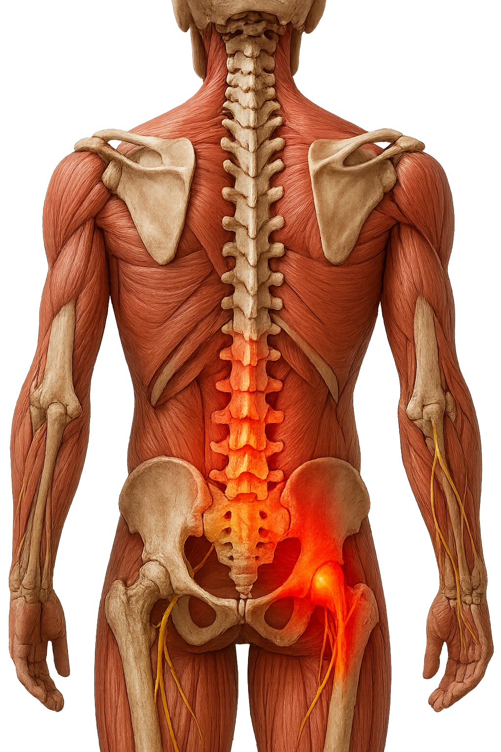 CORPO UMANO ANATOMICO REALISTICO DI SPALLE CON DOLORE ALLA LOMBARE INFIAMMATA, DOLORE ALL'ANCA, IPERREALISTICO 4K emoji