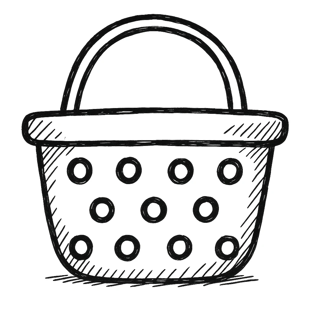 A water basket with chaotic holes in the style of a hand drawn icon with no fill emoji