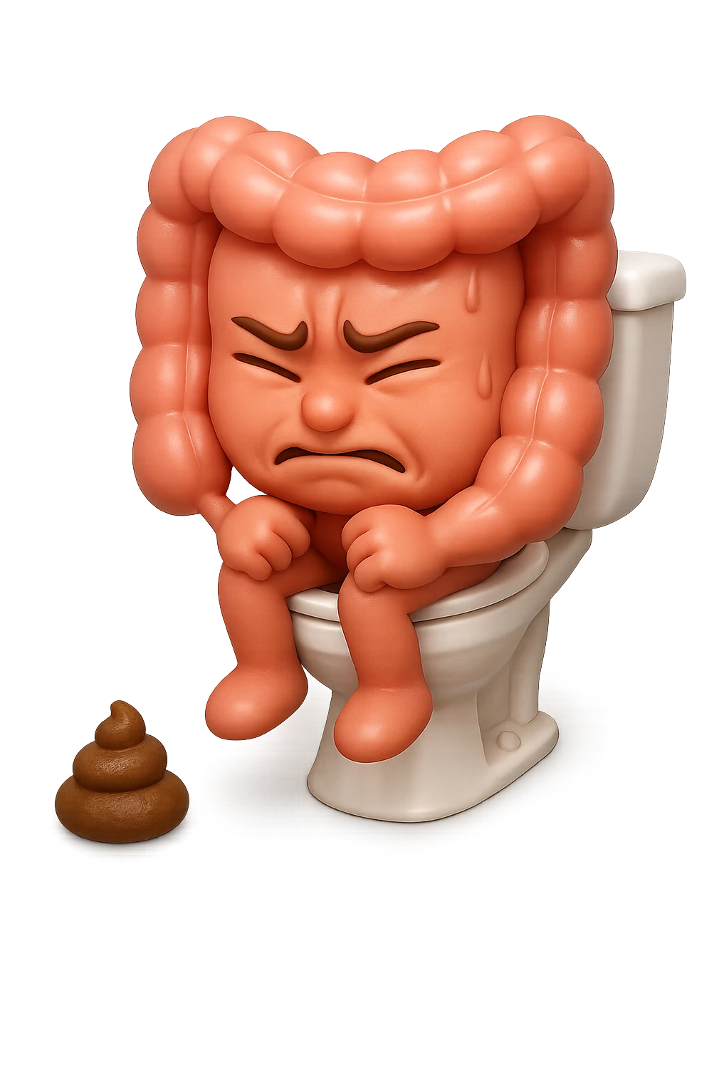 EMOJI STILE IPHONE 3D DI UN INTESTINO CHE sta seduto sul wc e davanti ha una montagnetta di feci a palline stile emoji iphone, fallo senza naso e FAGLI UN ESPRESSIONE di dolore mentre si sforza E FALLO MOLTO REALISTICO IN 3D emoji