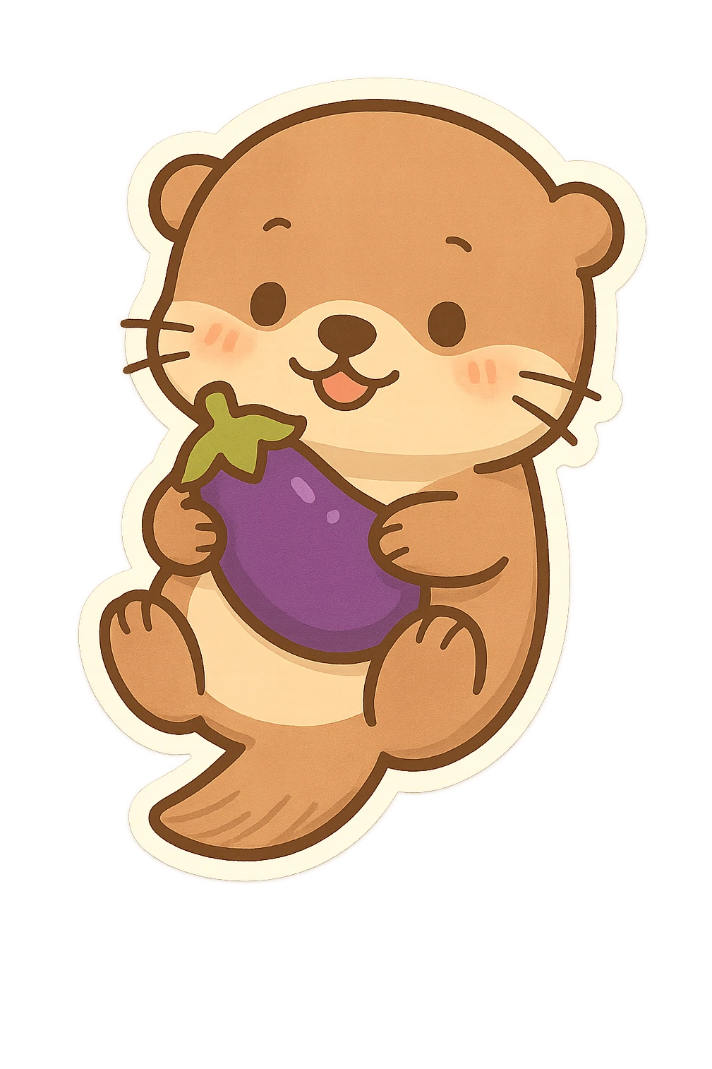 sea otter with an eggplant on its belly, cartoon style, chibi stickers style, simple and cute emoji