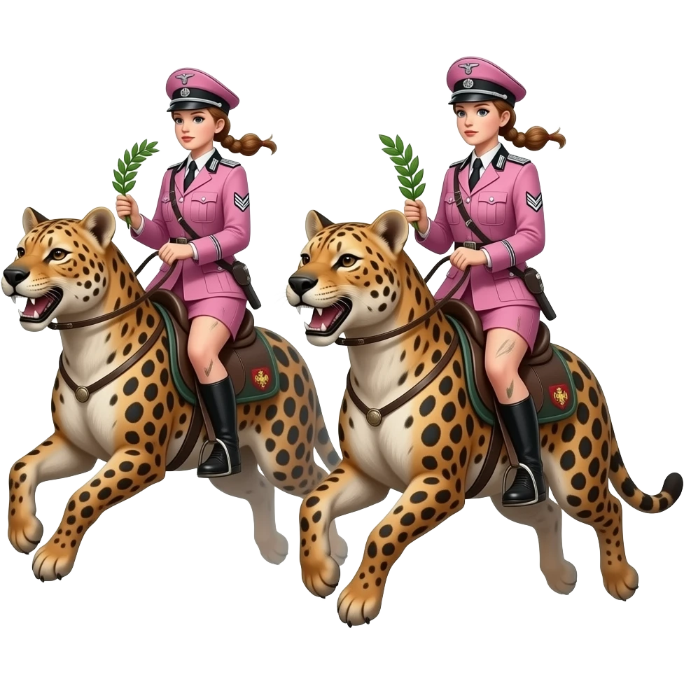 steampunk - two skinny and dirty female riders in pink German army uniforms from World War II ride in jumps on large tattooed hyenas with laurel branches in their hands emoji