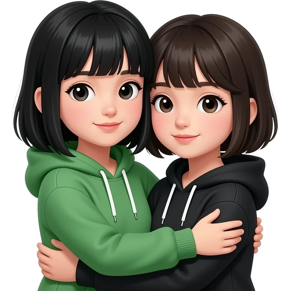a girl w green hoddie, black middle hair n with tall bangs hugging another girl w black hoodie short hair n bangs emoji
