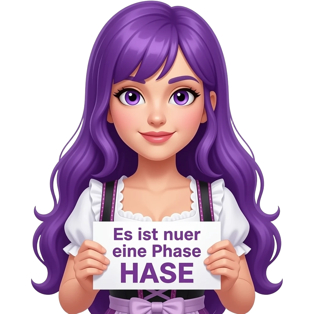 sexy girl with long purple hair and purple eyes wearing a dirndl holding a Es ist nur eine Phase HASE sign emoji