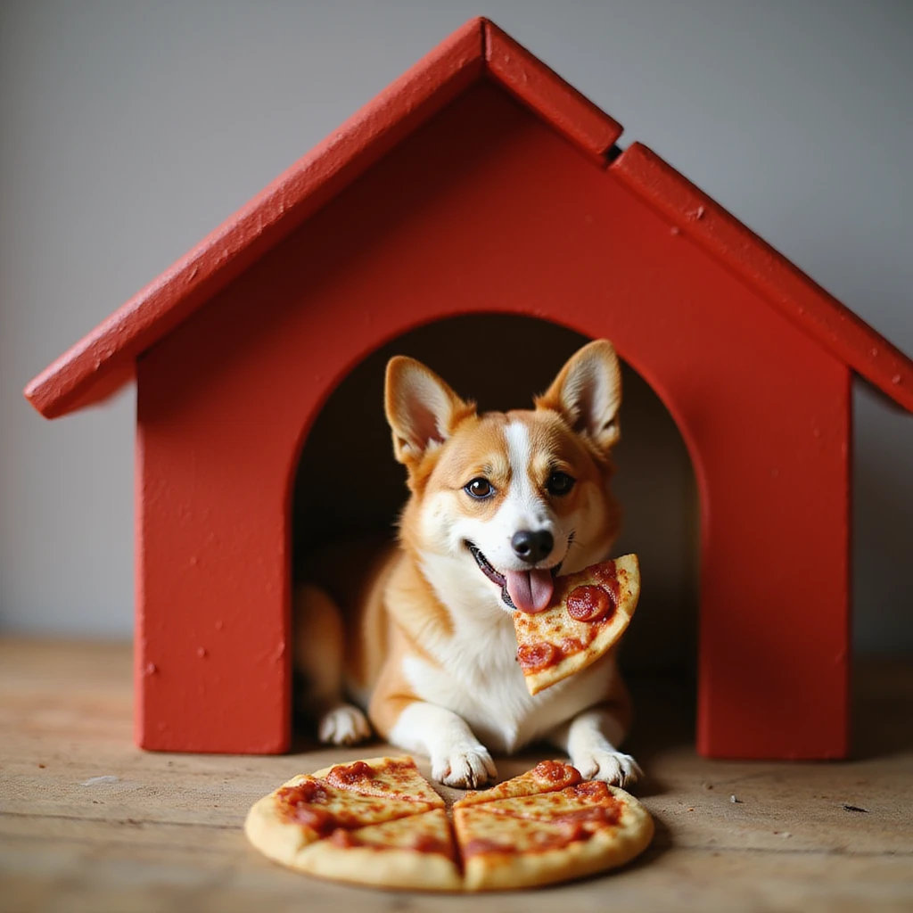 realistic red dog house with a Corgi dog inside, Corgi with a pizza slice, photorealistic style emoji