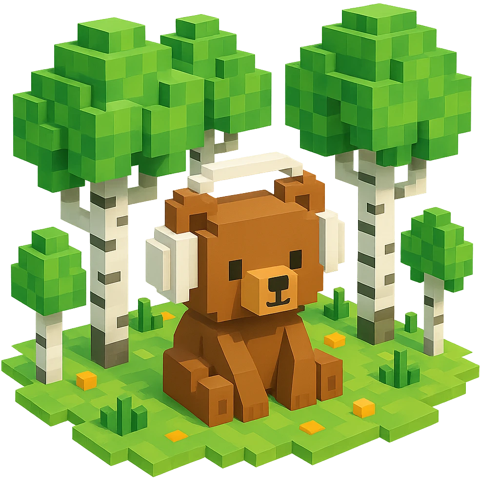 березовый лес, в котором сидит бурый медвежонок в белых наушниках (наушники должны закрывать уши медведя), no background  emoji