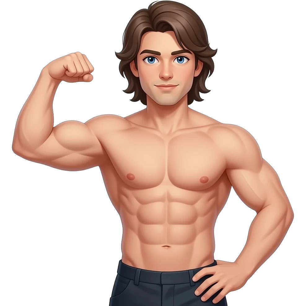 muscular shirtless white flexing with hip long hair no beard emoji