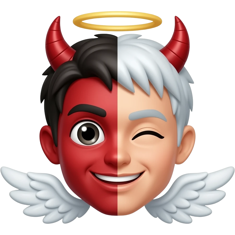 Half 😈half😇 not i human emoji but the emotion emoji like ☺️😉😝🤓🙂‍↕️😣etc….. emoji