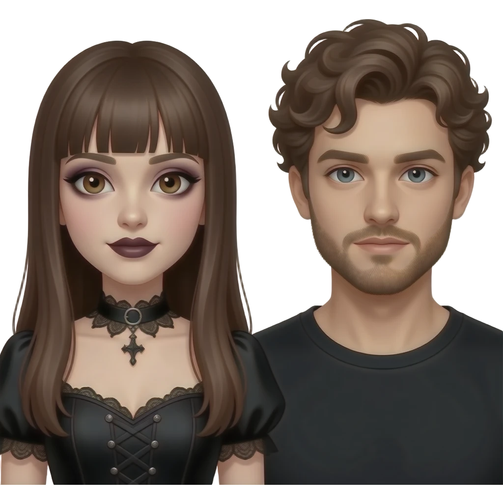 realistic pretty pale skin long straight brown hair girl brown eyes long face wearing gothic dress and gothic makeup HD and her boyfriend short brown curly hair and beard emoji