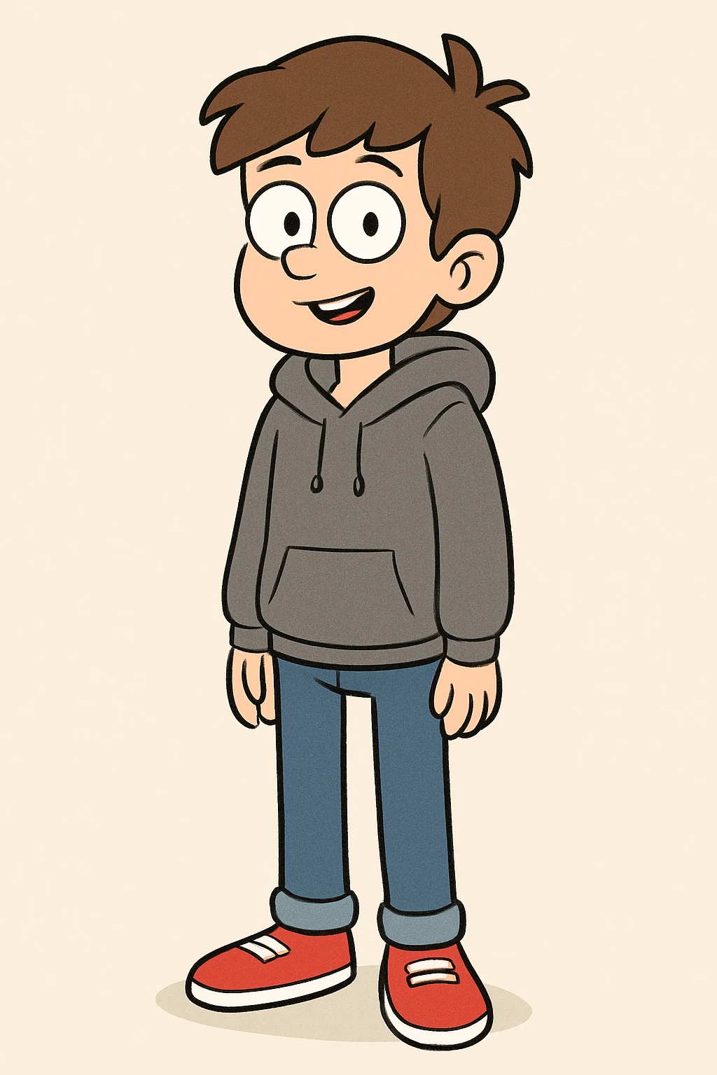 a boy brown hair grey awdis kids hoodie blue jeans red shoe  emoji