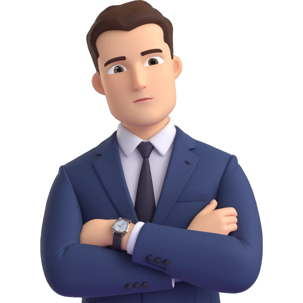 front-facing emoji-style businessman waist up in sharp suit, hand under chin, gazing slightly to the side, luxury watch visible, expression of curiosity and contemplation, clean background emoji