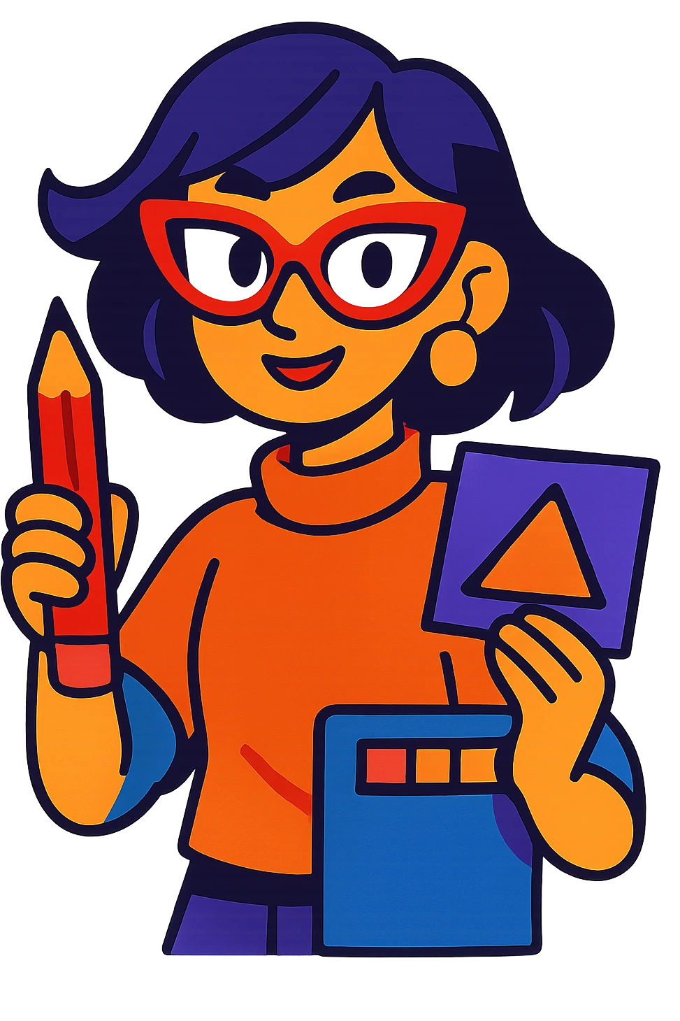 designer girl with medium hair, wearing cat-eyed glasses, vibrant cartoon style, creative emoji