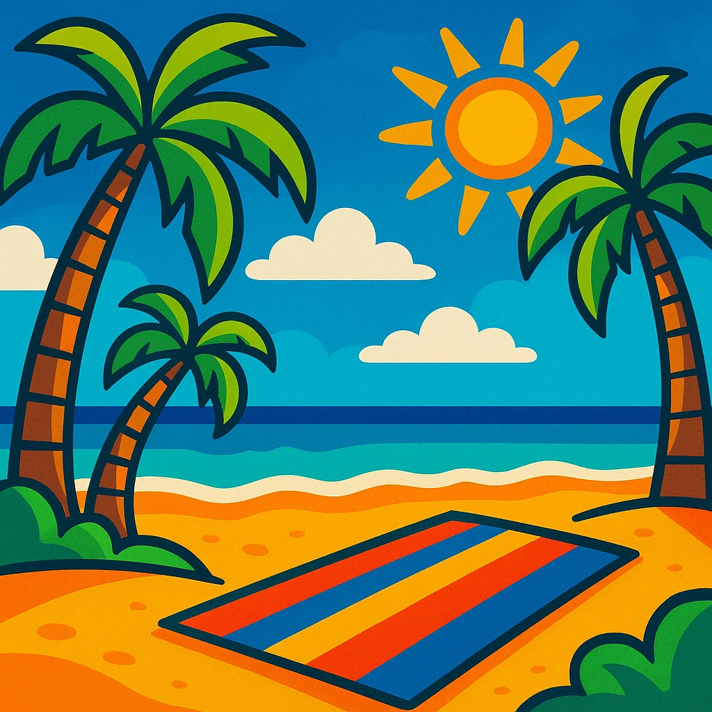 sunny beach scene with palm trees and a towel, vibrant cartoon style emoji