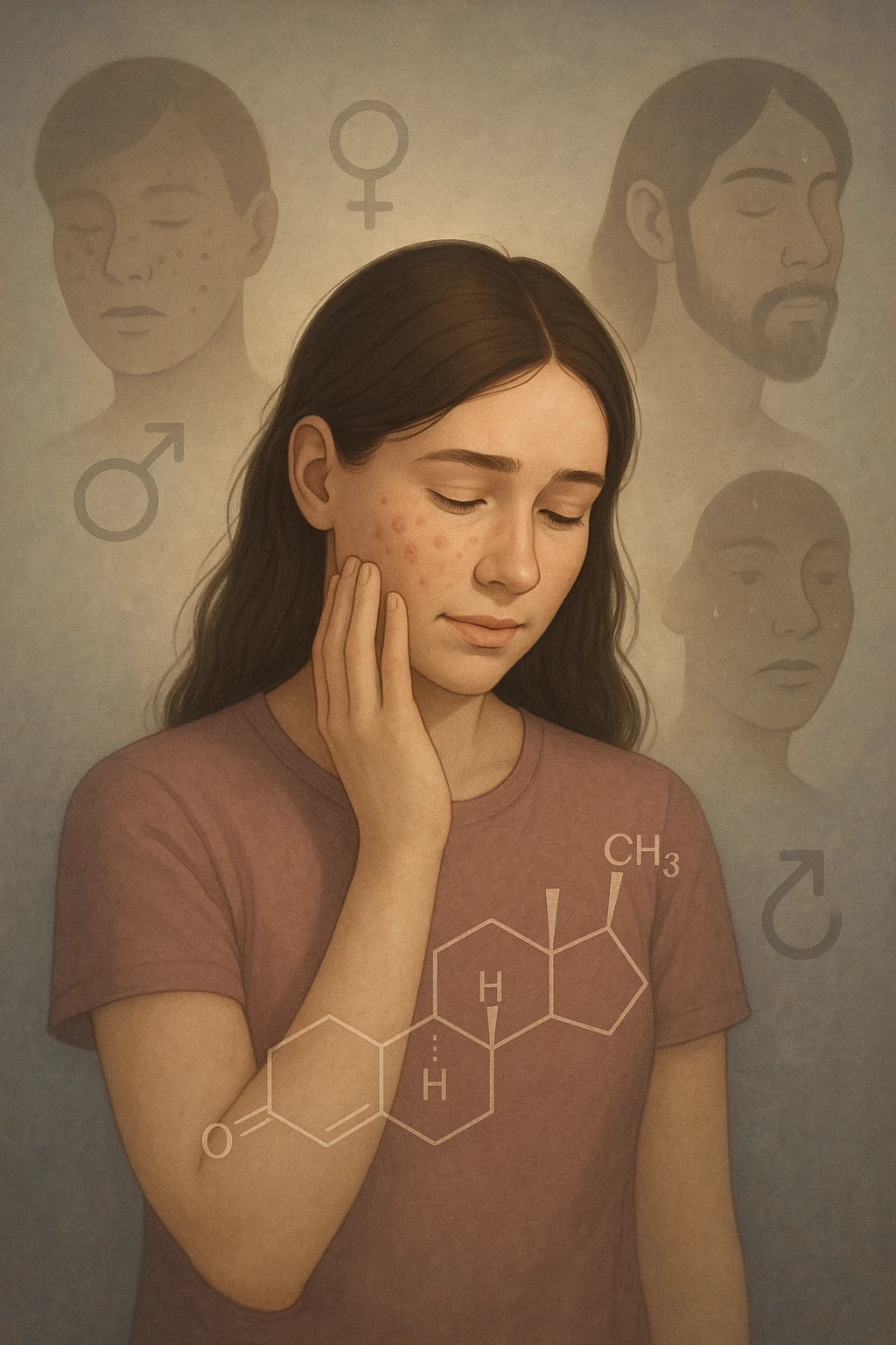 A young woman is surrounded by faint overlays of hormonal symbols and androgen molecules, with shadowy images of acne, facial hair, and oily skin projected around her, symbolizing the symptoms of PCOS with androgen excess. She looks down, gently touching her face with a resigned but hopeful expression, symbolizing her journey toward managing these symptoms. emoji