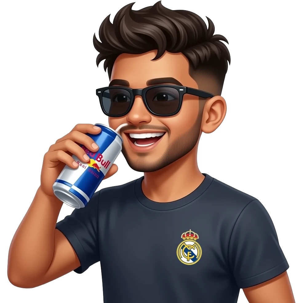 Indian young boy, athlete build laughing,, late teens, with light trimmed beard, side heavy fades with messy spikes hairstyle, drinking canned Red Bull with big dark black wayfarers and littleReal Madrid logo tshirt emoji