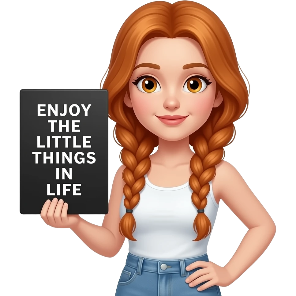 sexy girl with long ginger braids and ginger eyes wearing a white tanktop is holding a black sign with ENJOY THE LITTLE THINGS IN LIFE written on it emoji