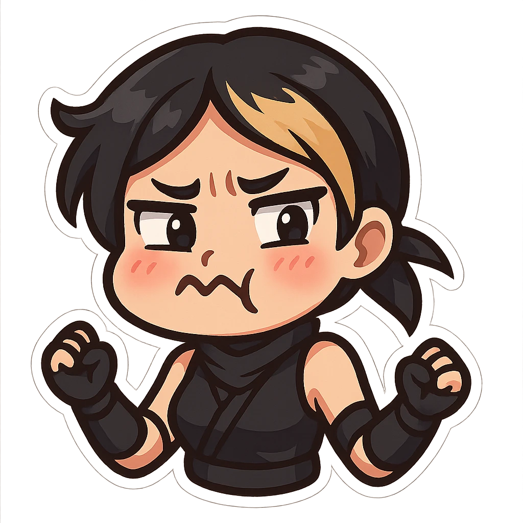Sexy chibi ninja girl with black short hair and a blonde streak, only head and arms, colorful chibi style with bold outlines, transparent background, no mask, 'ew' expression with cheeks puffed, eyebrows raised, and mouth in a zigzag, sized for Twitch emoji use. emoji