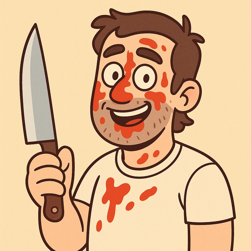stylized man holding a knife, ketchup smeared on face, friendly expression, non-threatening mood, bright background emoji