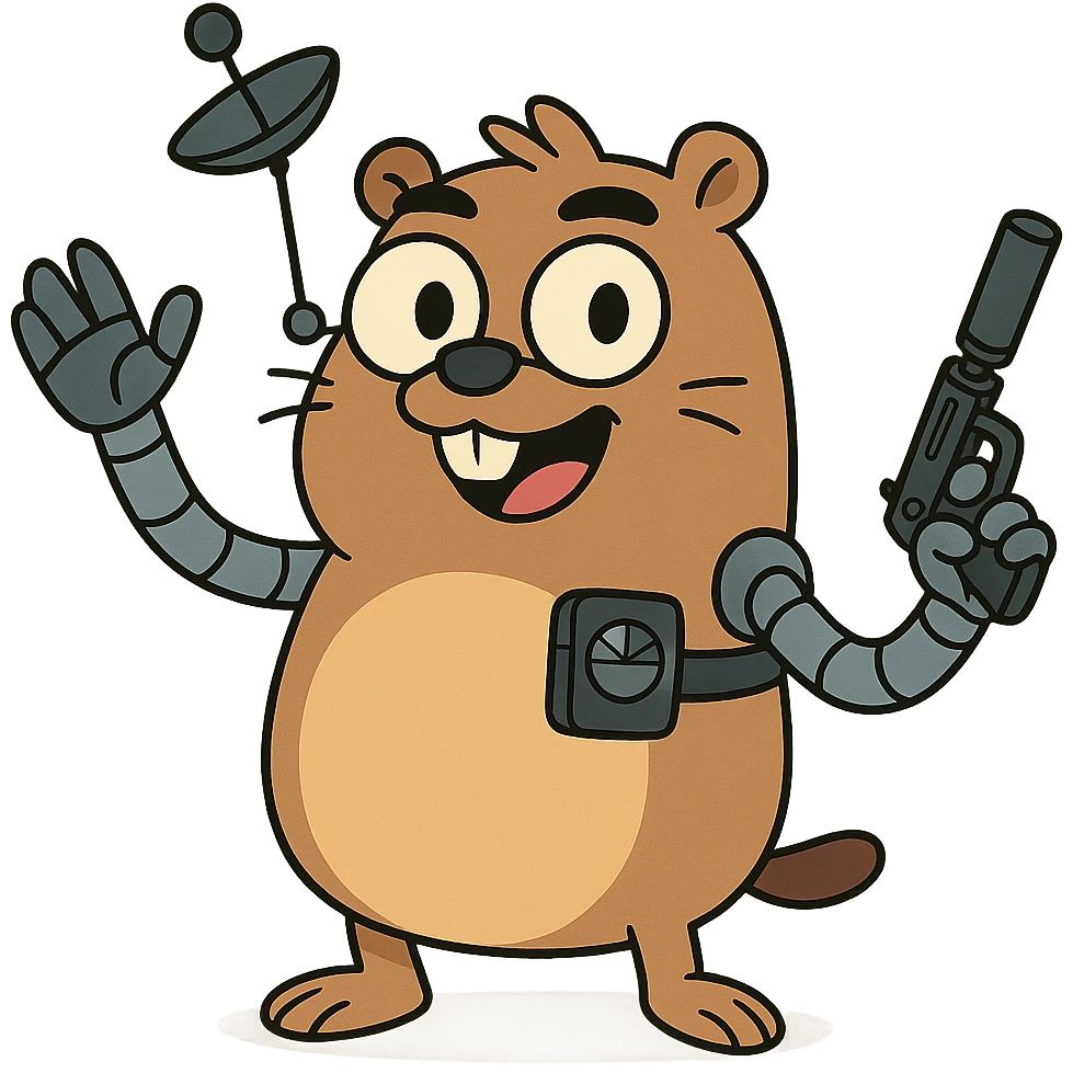 cheerful gopher with robotic arms and spy gadgets, animated look, cartoon style emoji