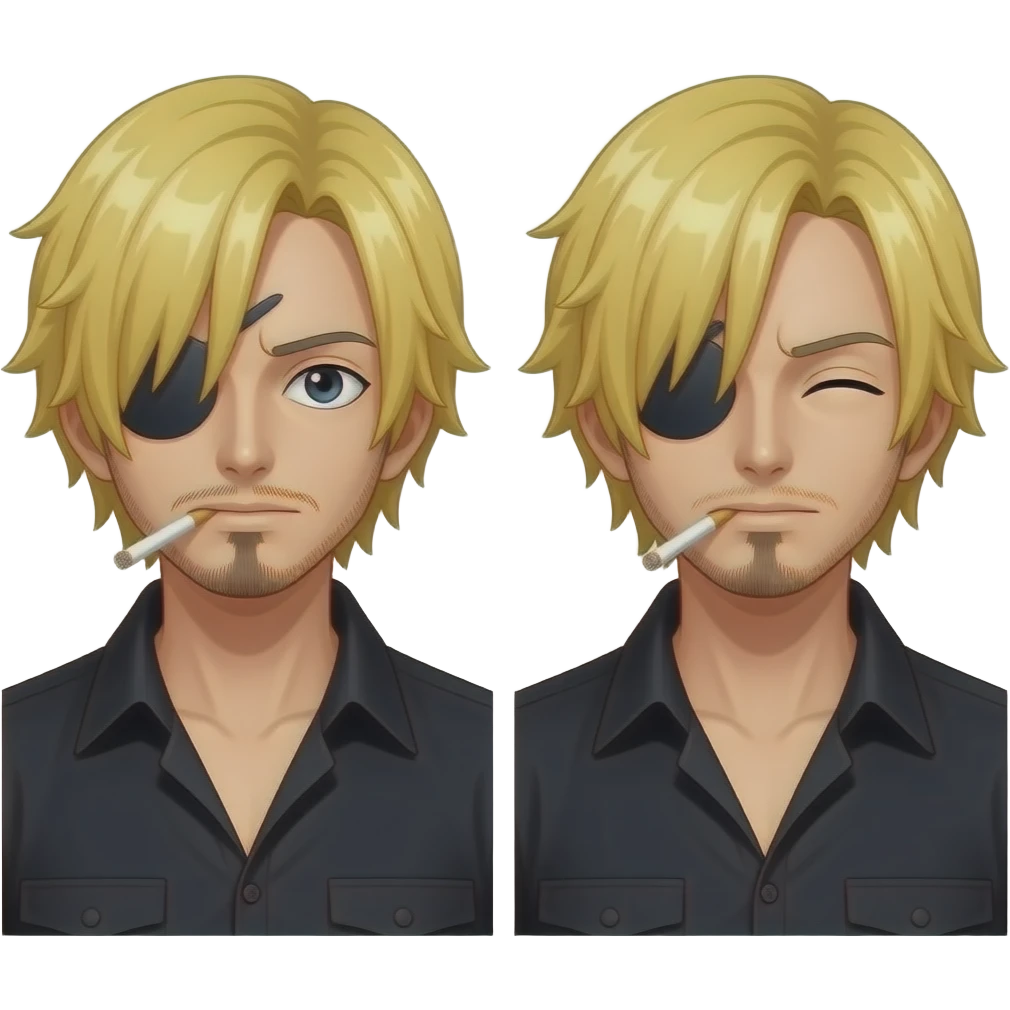 Create Sanji in One Piece. He usually wears a black shirt and smokes a cigarette. Before the time skip, his blond hair covers his left eye. After the time skip, his hair covers his right eye. emoji