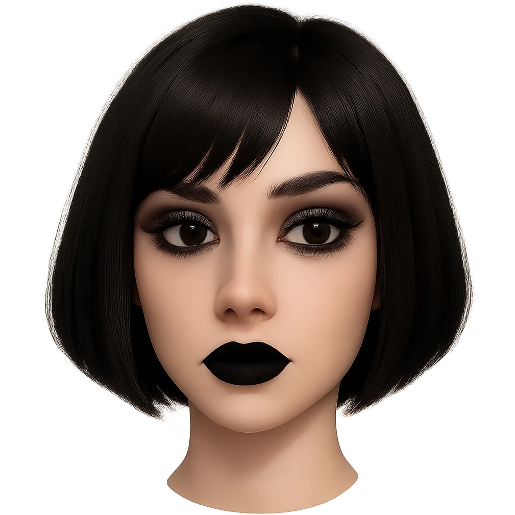Isolate and keep only the face of Samsung Sam, removing neck and torso. The face should have black bob haircut and gothic style makeup. Preserve transparent background. emoji