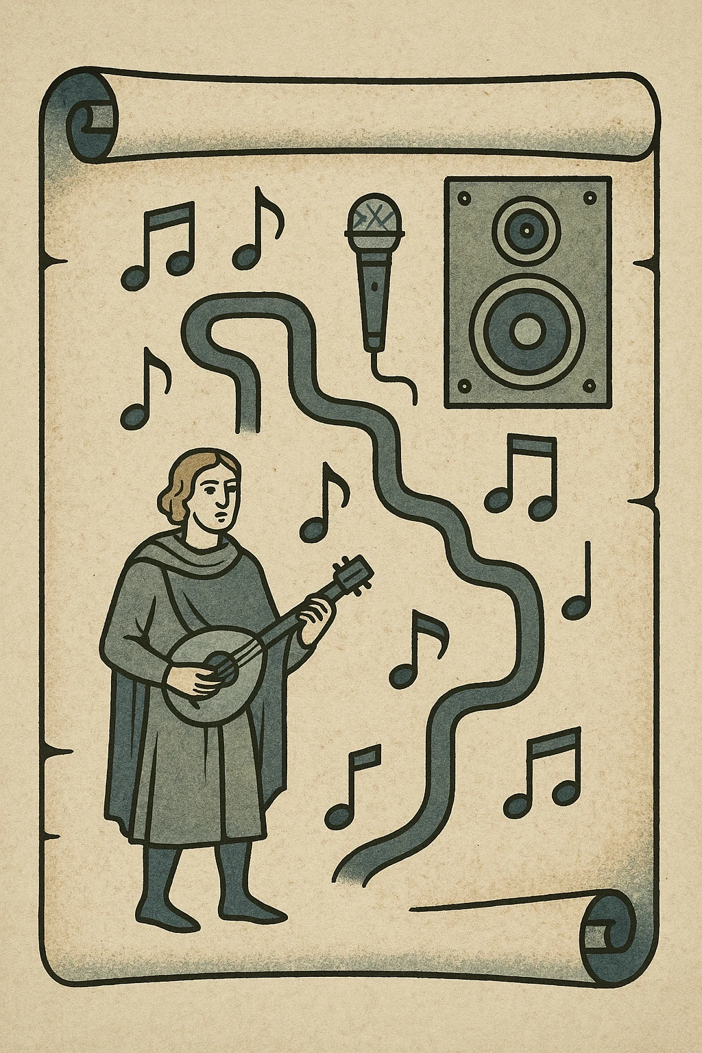 unrolled ancient parchment with curled corners, illustrations of routes and small musical icons (notes, microphone, speaker) representing growth of an independent musical artist, neutral background, no text emoji