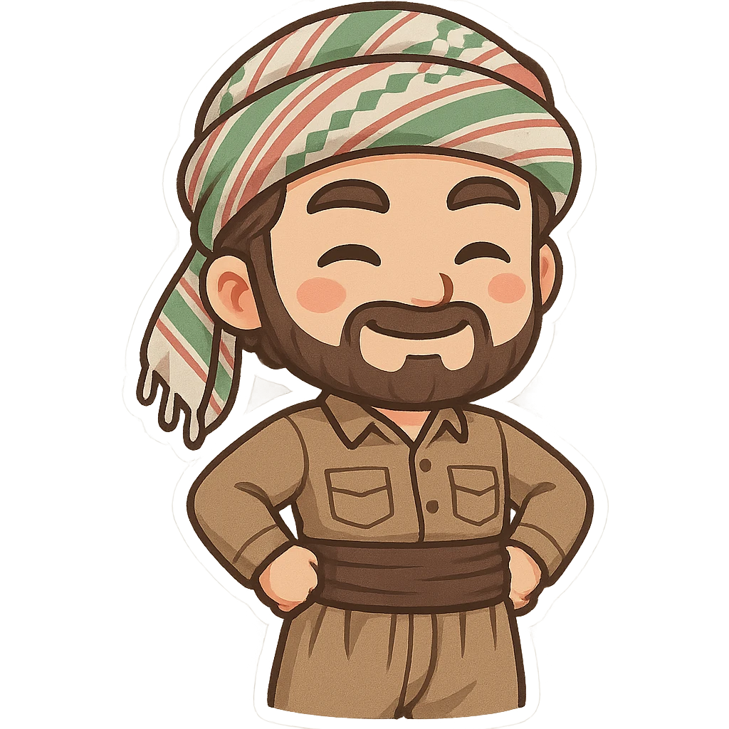 Kurdish sticker, cartoon style, Kurdish man or woman in jamadani, proud pose, hands on hips, confident smile, no text emoji