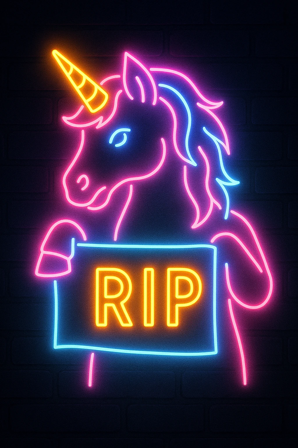 neon unicorn holding a RIP banner, retro 80s neon sign style, glowing effect, dark backdrop emoji