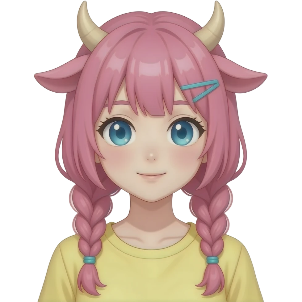Cute pretty anime lady with horns, pink braided hair with cyan hair ties, pink cow ears, pastel yellow shirt, light blue eyes emoji