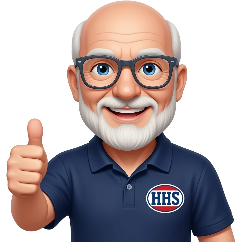 skinny old bald man with white beard with red tint, blue eyes, dark gray glasses, thumbs up, navy polo shirt with HHS patch, smiling emoji