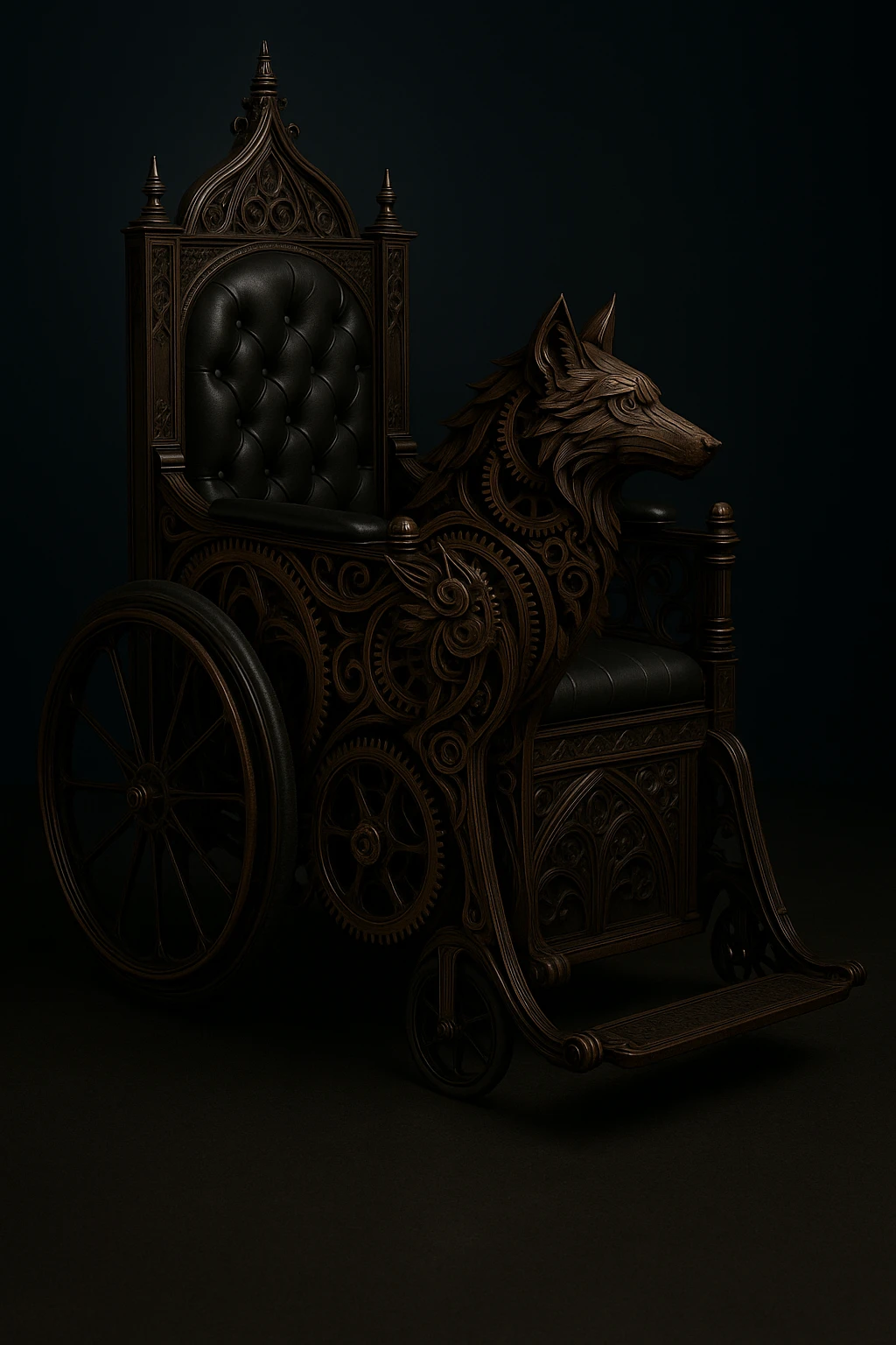 Add a gothic steampunk wolf detail to the wheelchair, keeping Victorian gothic motifs, exposed gears, dark wood, and an elegant and mysterious atmosphere. The design should blend gothic and steampunk aesthetics with intricate mechanical and wood details. emoji