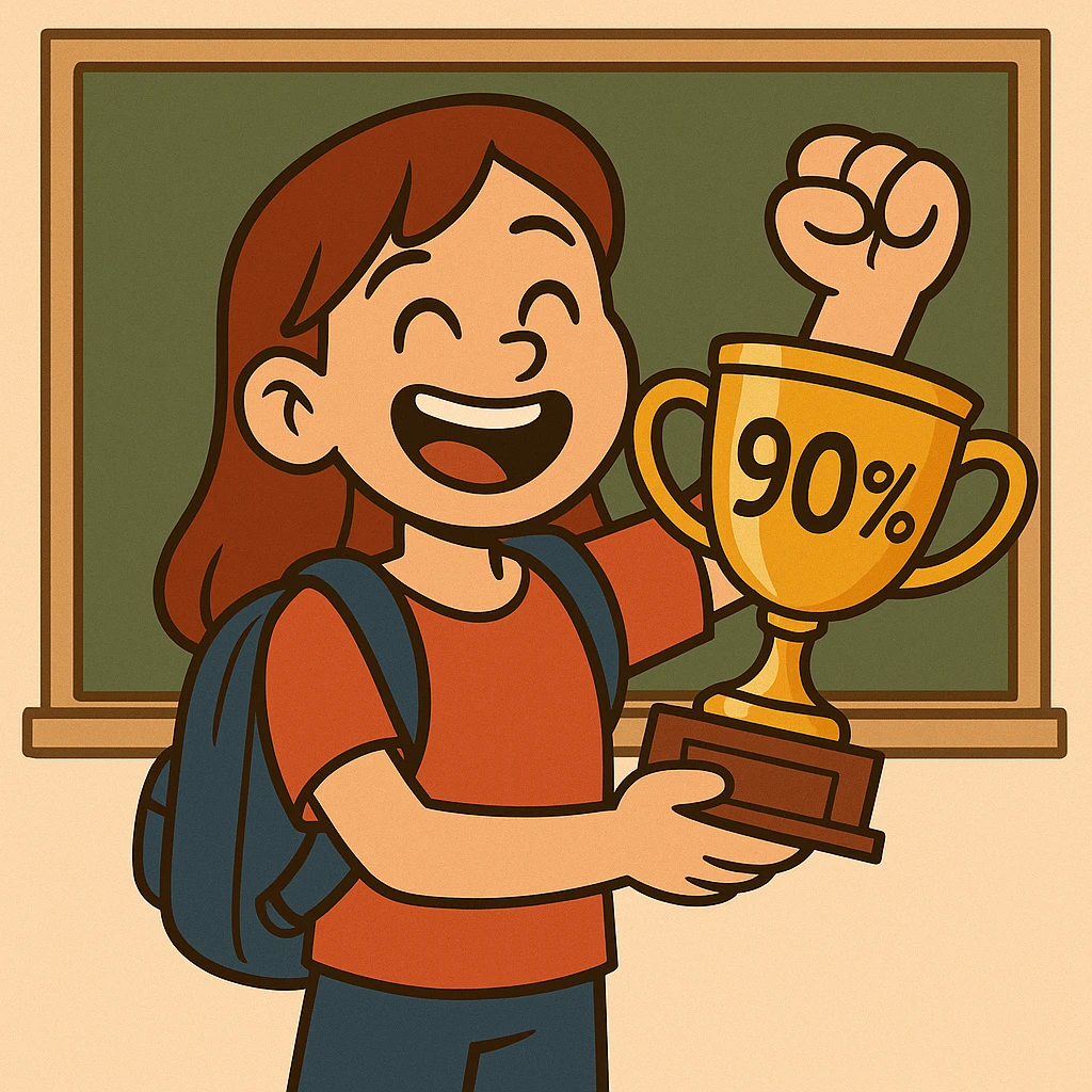 Change the student to a female student, keep the trophy labeled '90%', cartoon style, chalkboard background. emoji