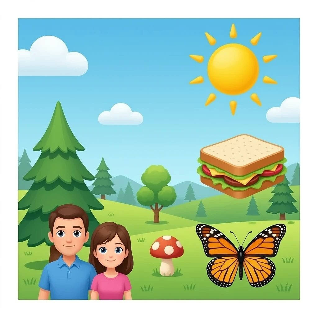 Quiero naturaleza, crea varios emojisdiferentes, pinos sanduche, pareja, hongo, mariposa emoji