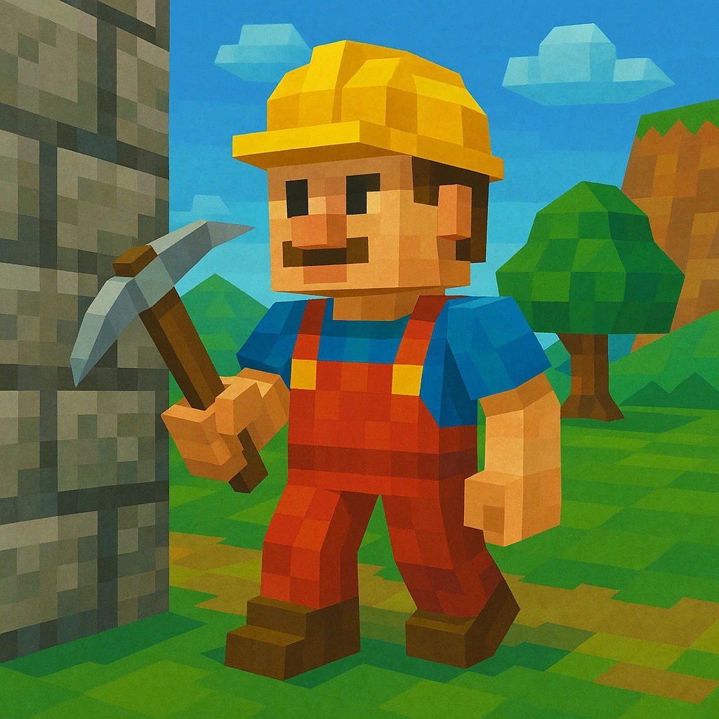 Builder holding a pickaxe near a stone wall
 emoji