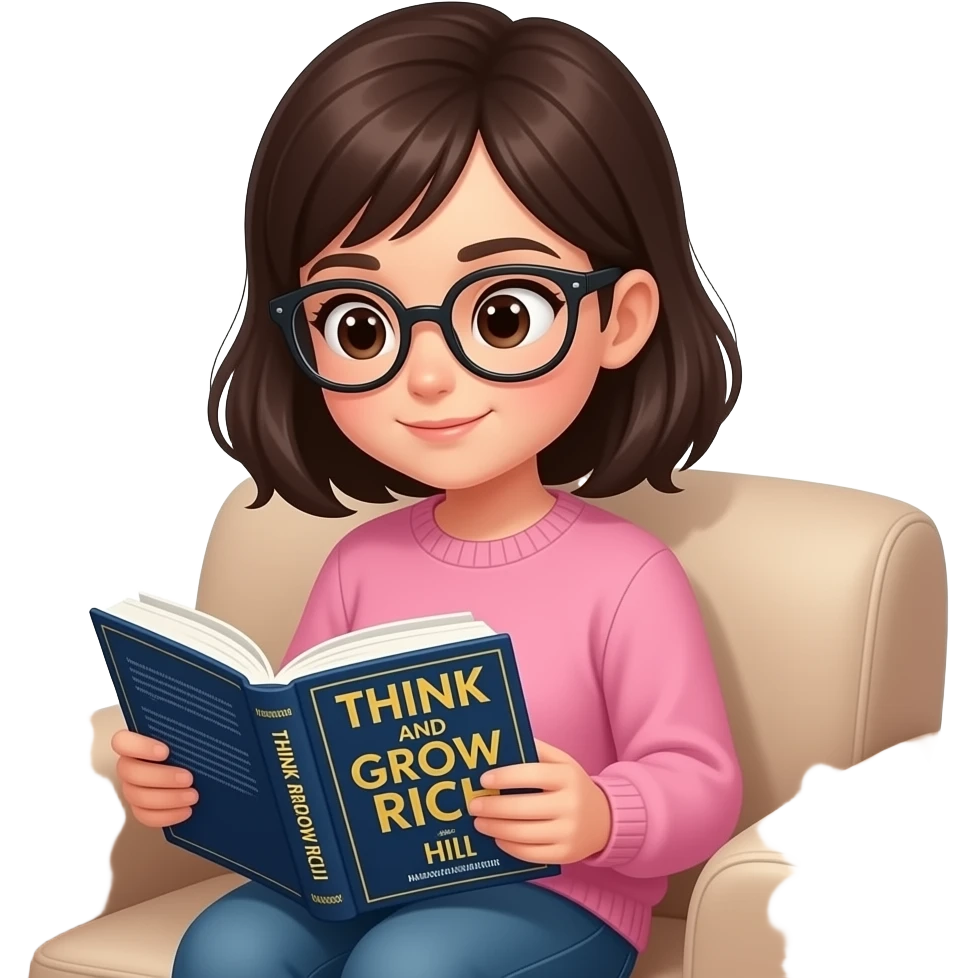 chica de cabello oscuro y corto, con ojos color cafe y gafas de lectura, con ropa comoda color rosa, sentada en un sofa,  leyendo un libro de Napoleón Hill piense y hagase rico emoji